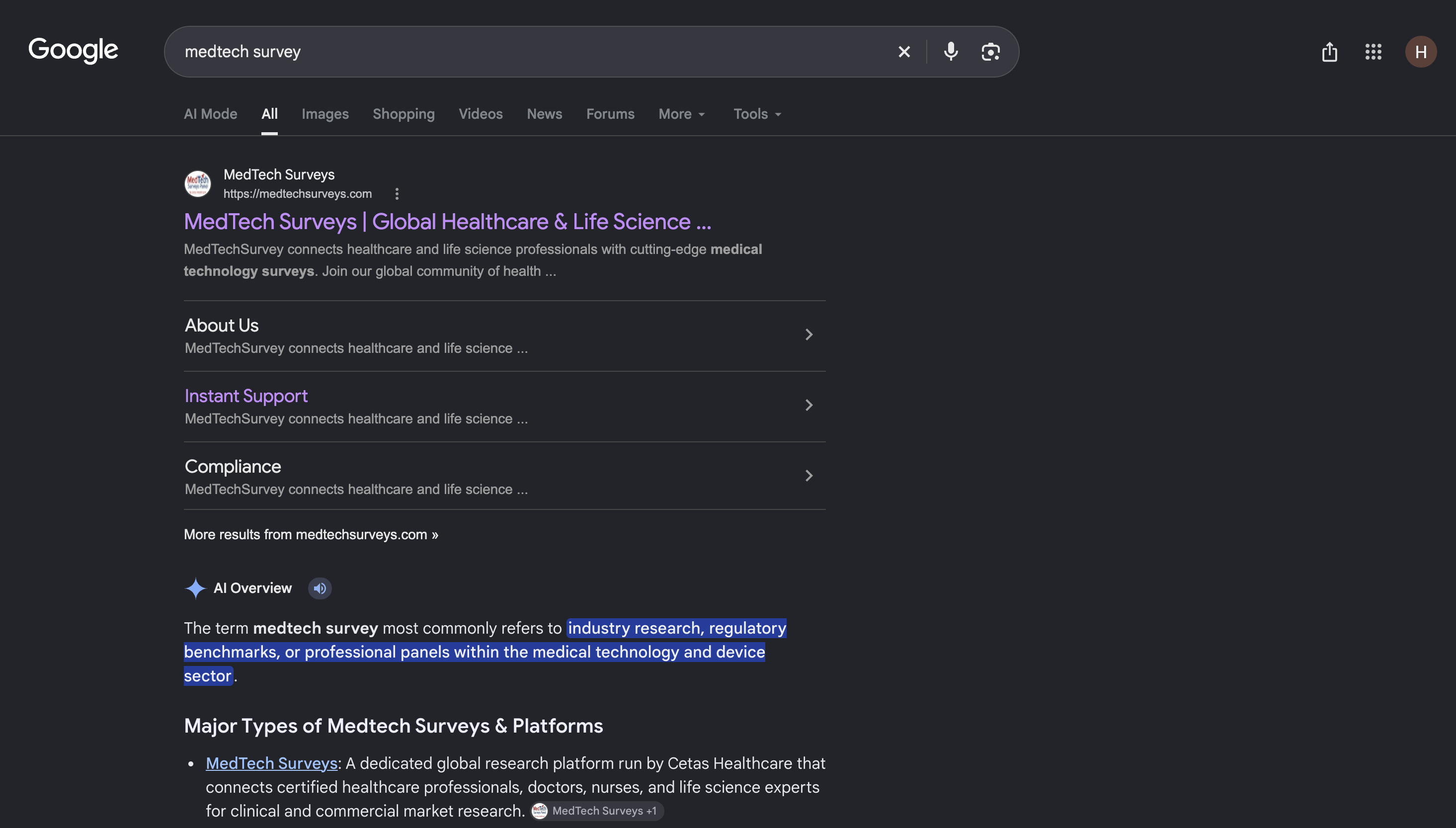 MedTech Surveys Google search ranking