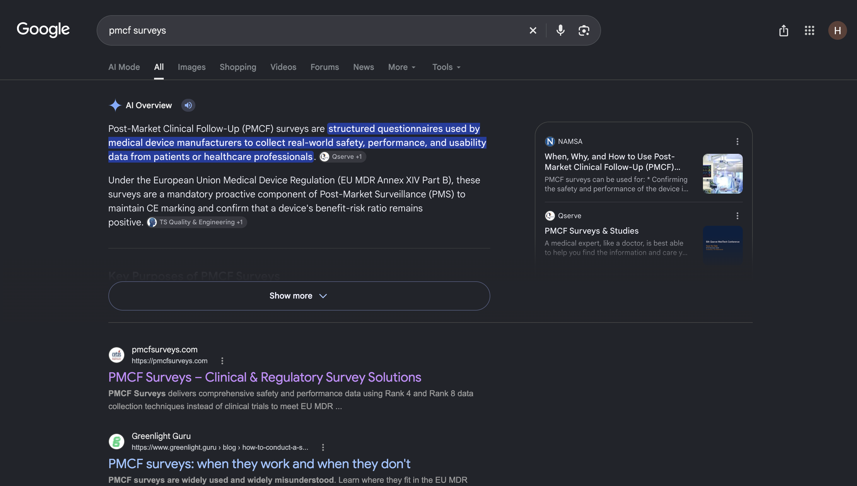 PMCF Surveys Google search ranking
